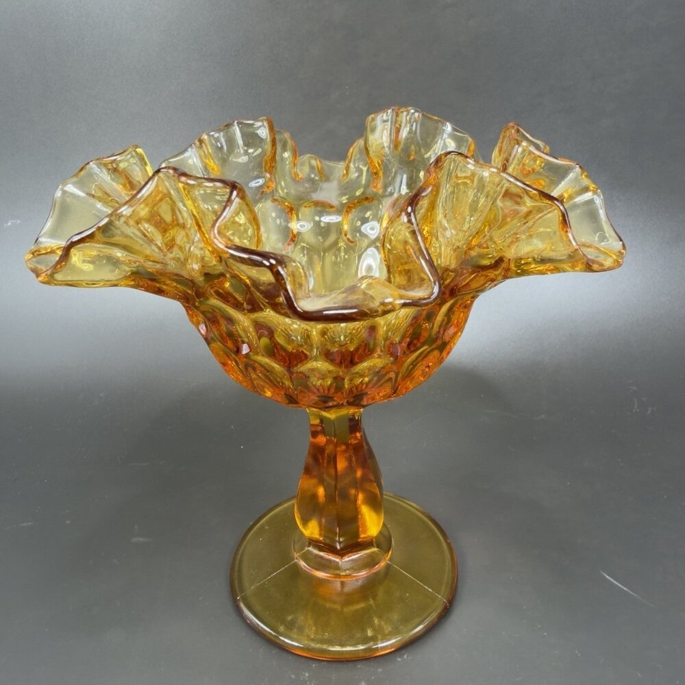 Fenton Glass Thumbprint Amber Yellow Ruffled Rim Stemmed Compote Candy Dish VTG